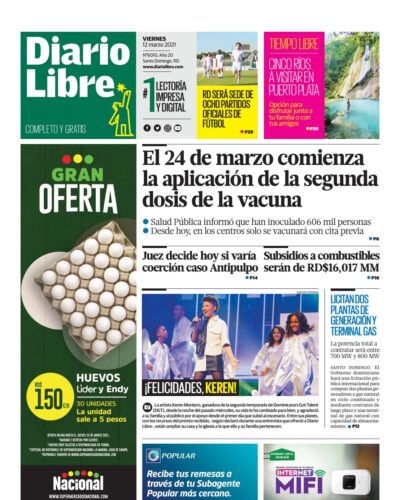 Portada Periódico Diario Libre, Viernes 12 de Marzo, 2021