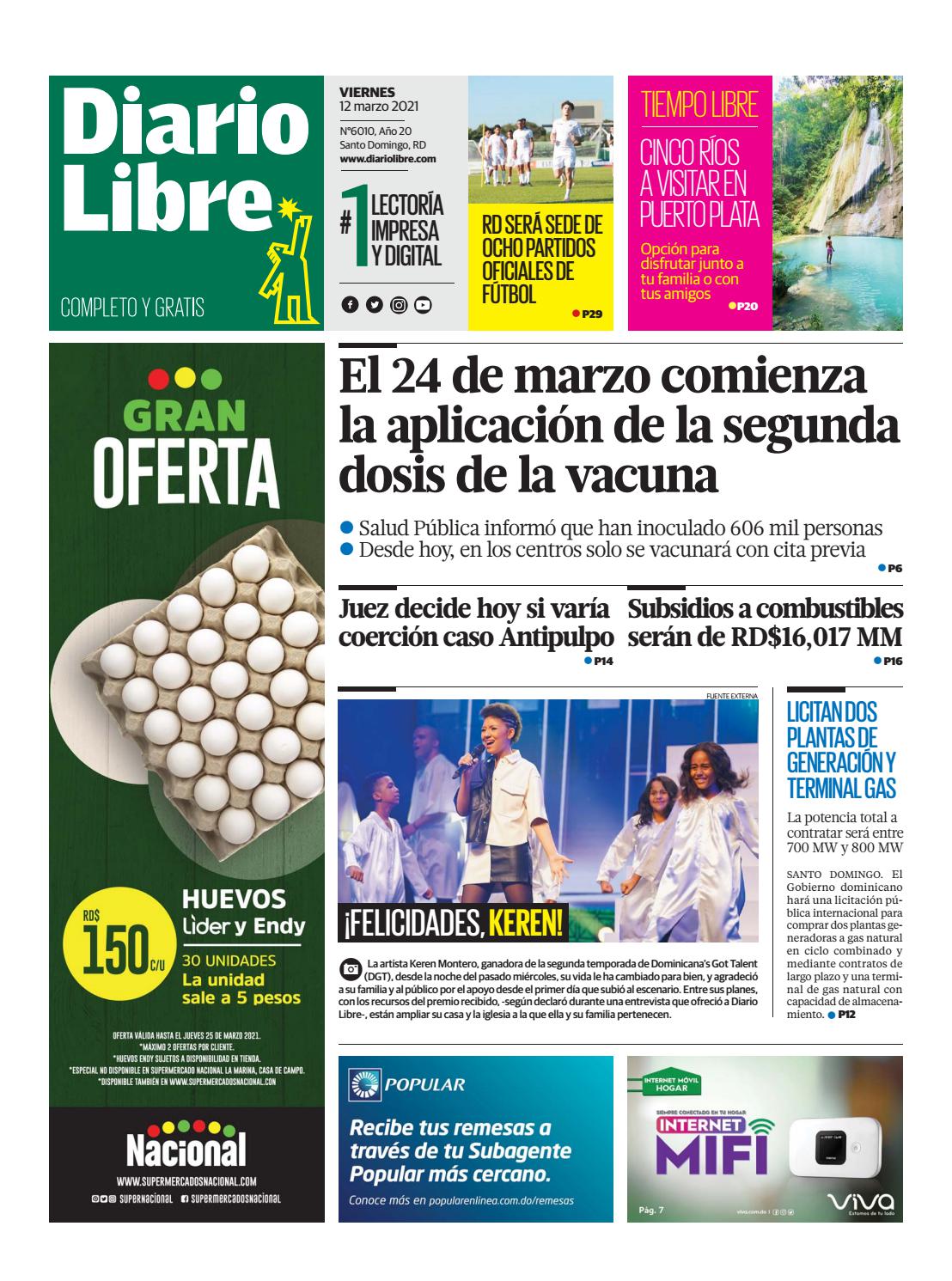 Portada Periódico Diario Libre, Viernes 12 de Marzo, 2021