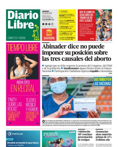Portada Periódico Diario Libre, Viernes 19 de Marzo, 2021