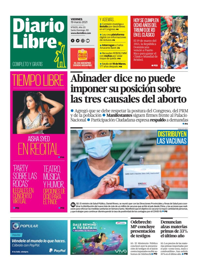 Portada Periódico Diario Libre, Viernes 19 de Marzo, 2021