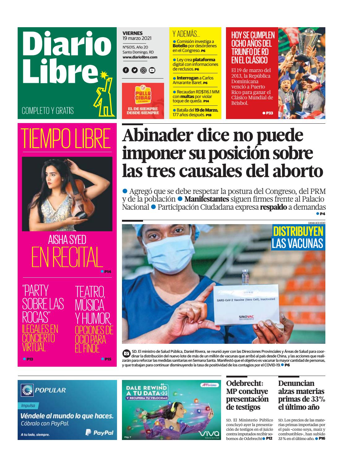 Portada Periódico Diario Libre, Viernes 19 de Marzo, 2021