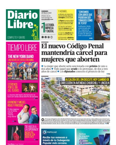 Portada Periódico Diario Libre, Viernes 26 de Marzo, 2021