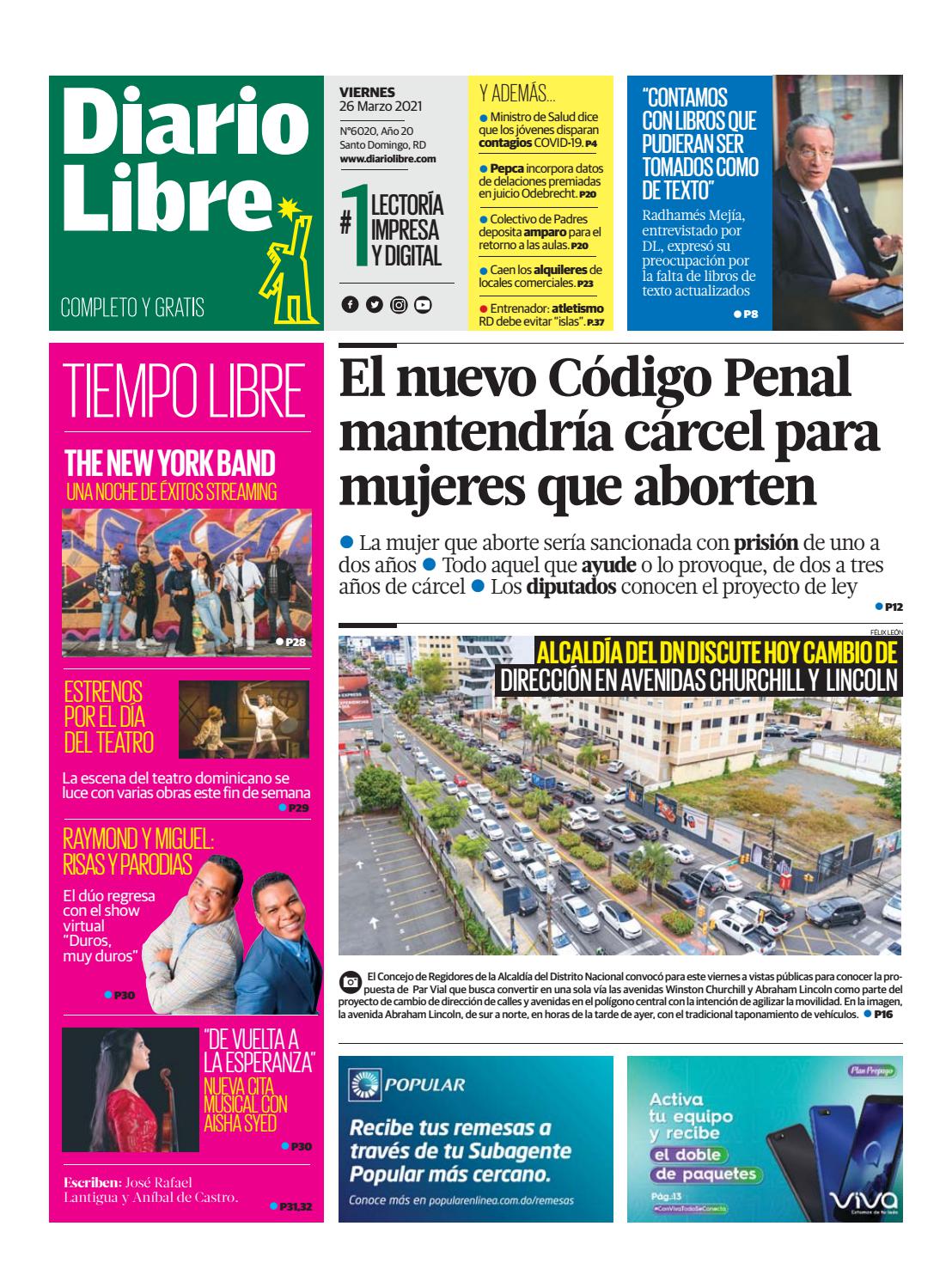 Portada Periódico Diario Libre, Viernes 26 de Marzo, 2021