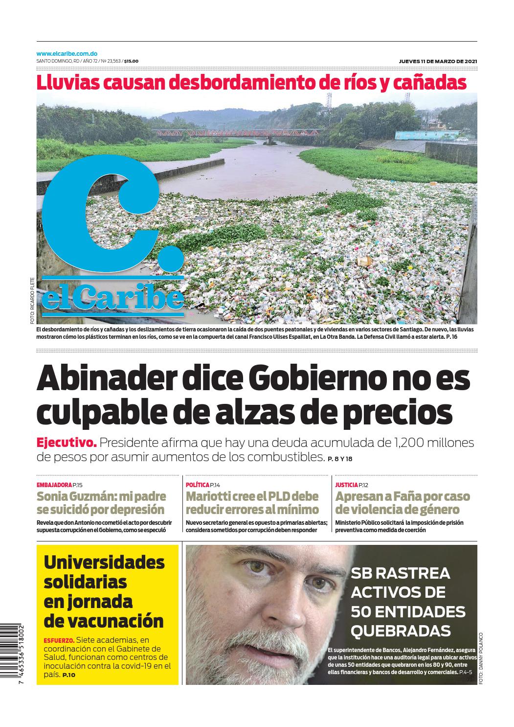 Portada Periódico El Caribe, Jueves 11 de Marzo, 2021