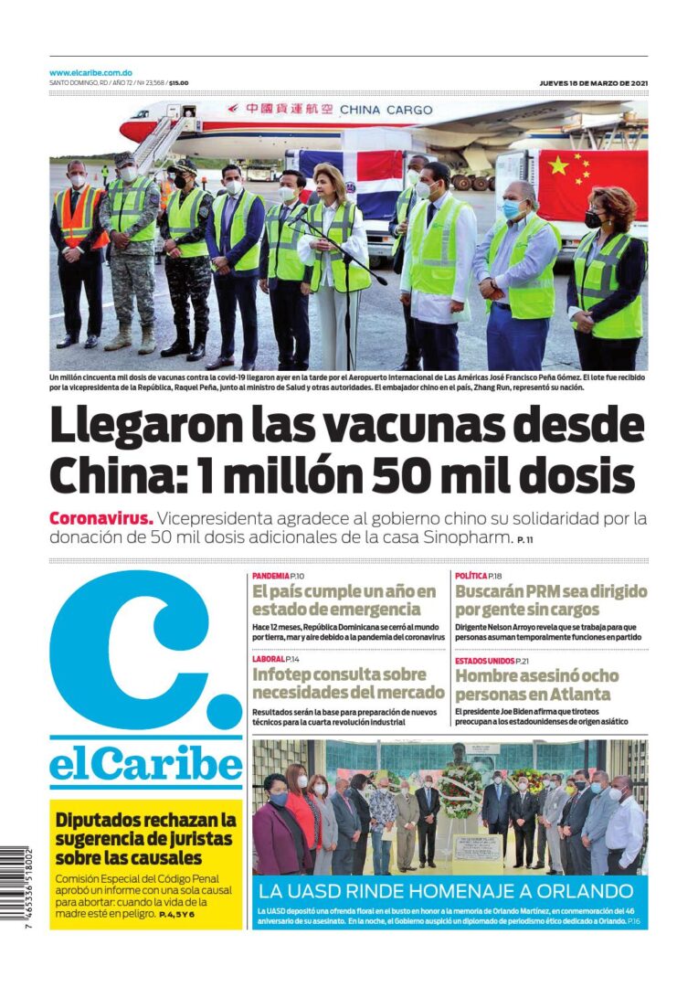 Portada Periódico El Caribe, Jueves 18 de Marzo, 2021