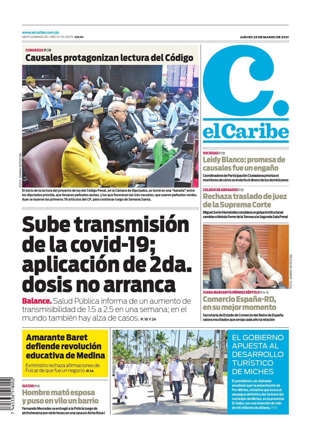 Portada Periódico El Caribe, Jueves 25 de Marzo, 2021