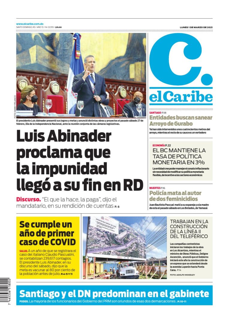 Portada Periódico El Caribe, Lunes 01 de Marzo, 2021