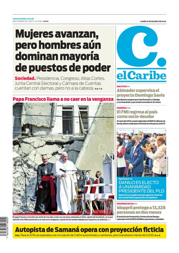 Portada Periódico El Caribe, Lunes 08 de Marzo, 2021