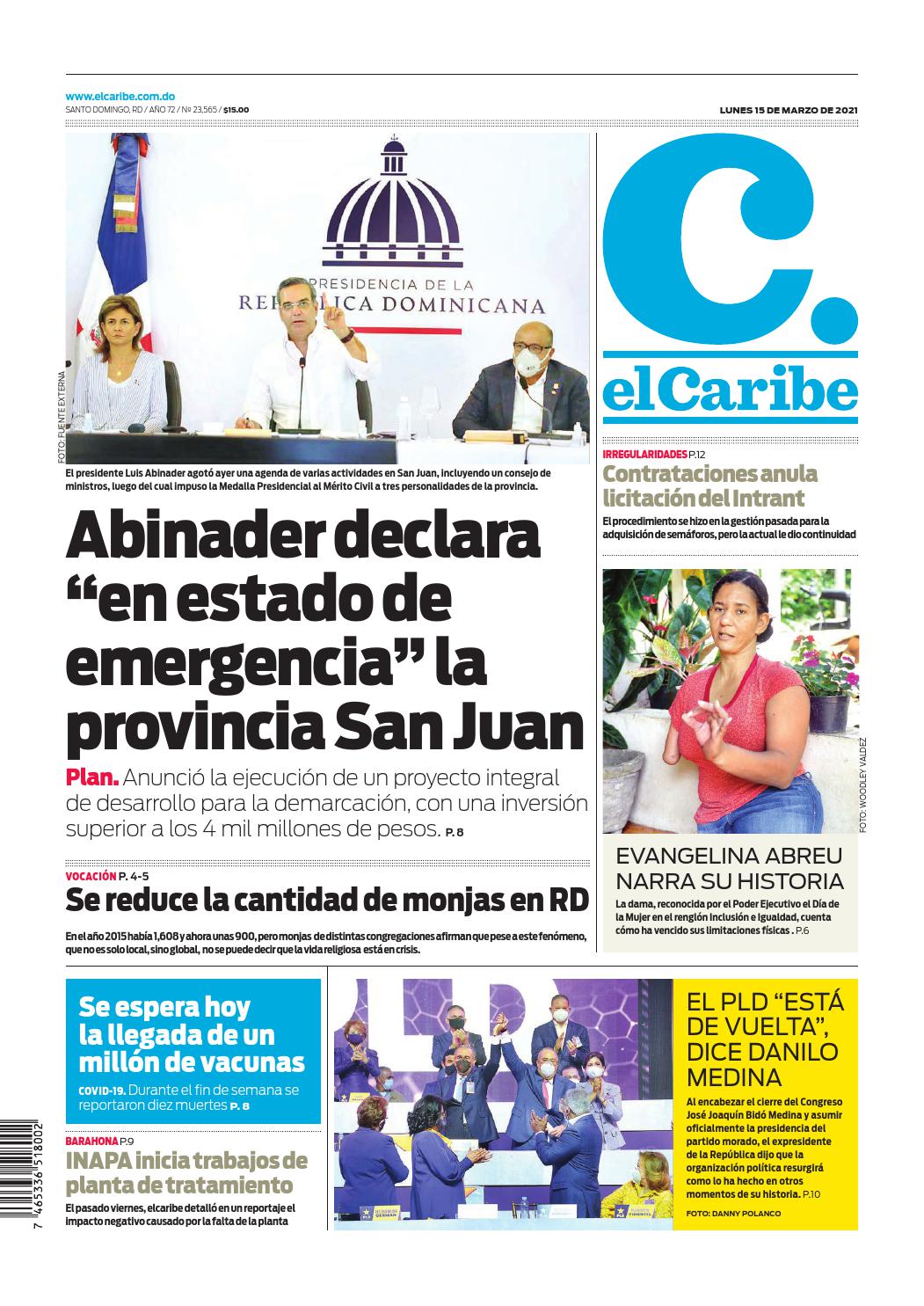 Portada Periódico El Caribe, Lunes 15 de Marzo, 2021