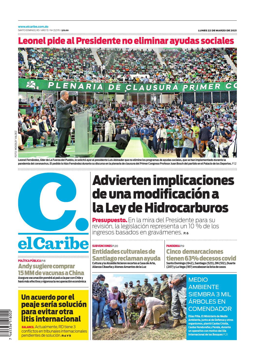 Portada Periódico El Caribe, Lunes 22 de Marzo, 2021