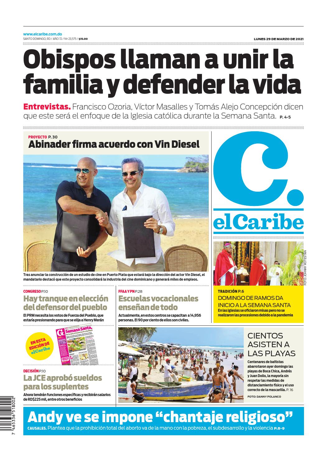 Portada Periódico El Caribe, Lunes 29 de Marzo, 2021