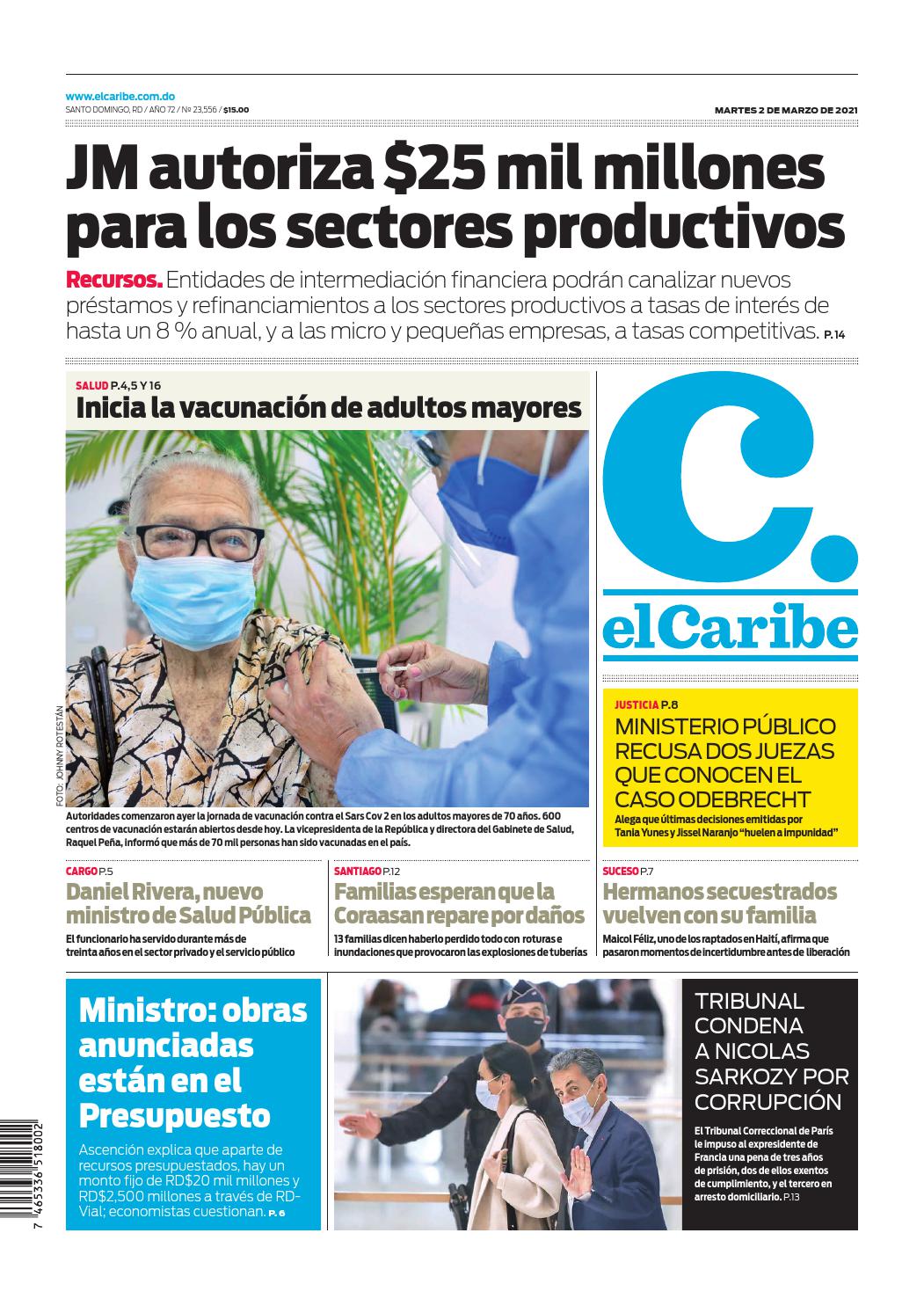 Portada Periódico El Caribe, Martes 02 de Marzo, 2021