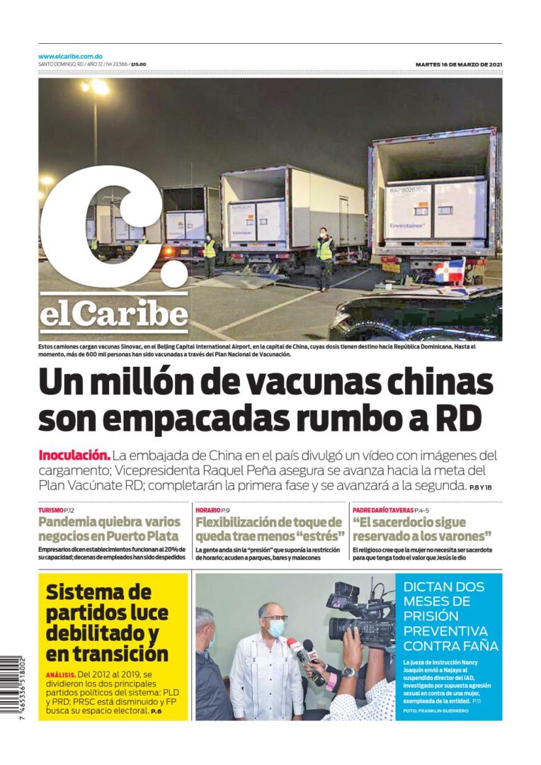 Portada Periódico El Caribe, Martes 16 de Marzo, 2021