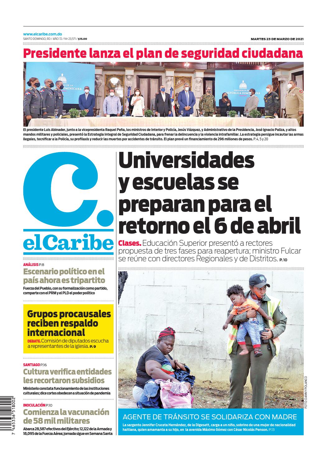 Portada Periódico El Caribe, Martes 23 de Marzo, 2021