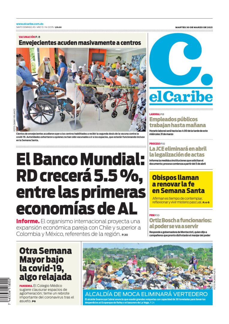 Portada Periódico El Caribe, Martes 30 de Marzo, 2021