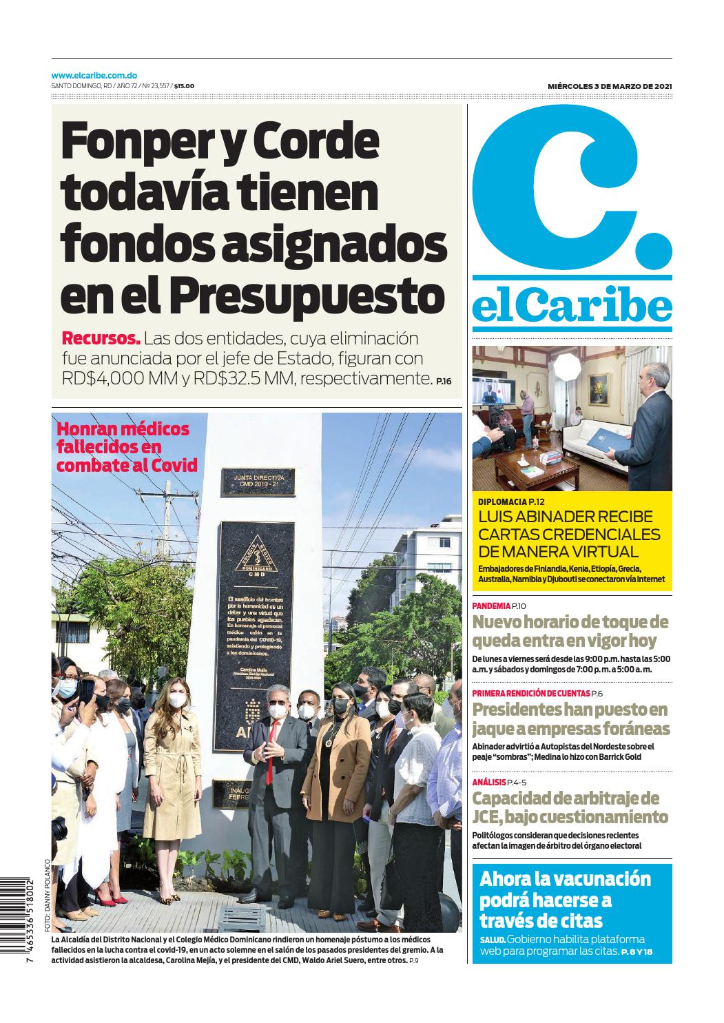 Portada Periódico El Caribe, Miércoles 03 de Marzo, 2021