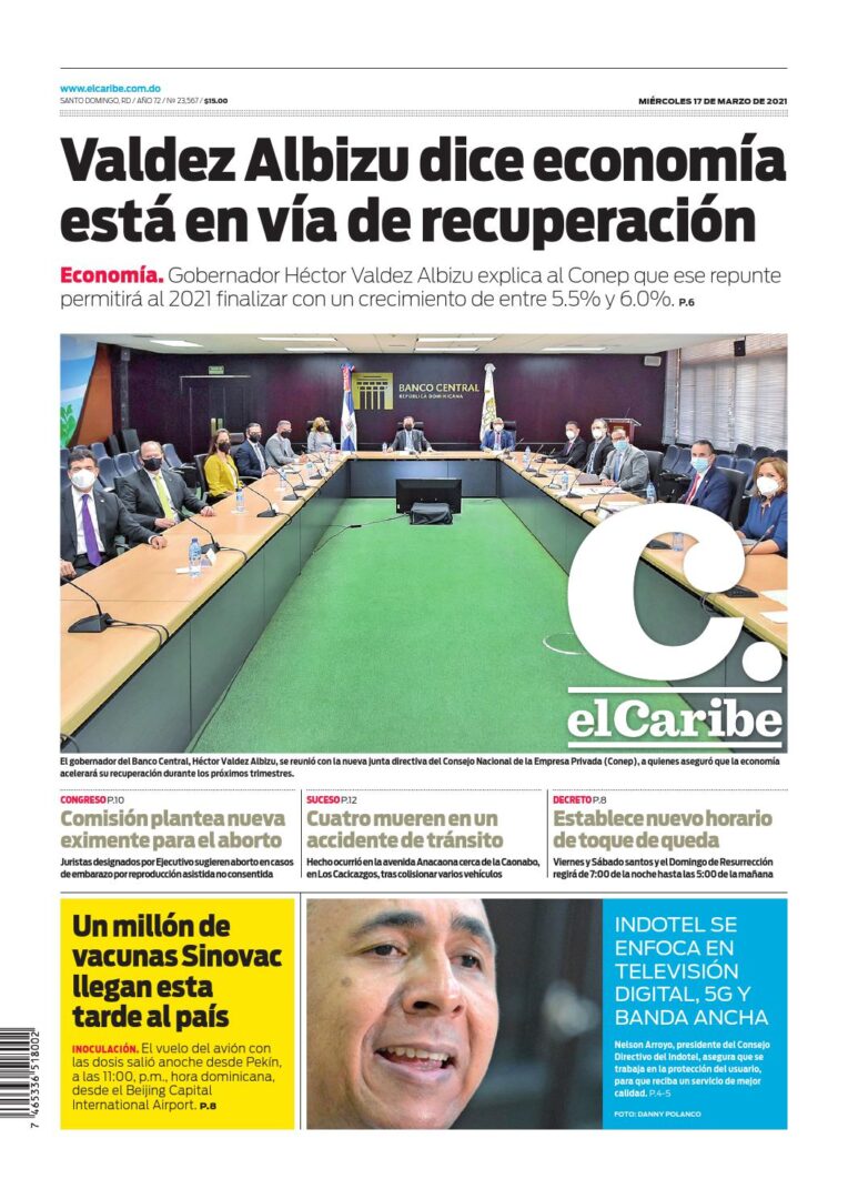 Portada Periódico El Caribe, Miércoles 17 de Marzo, 2021