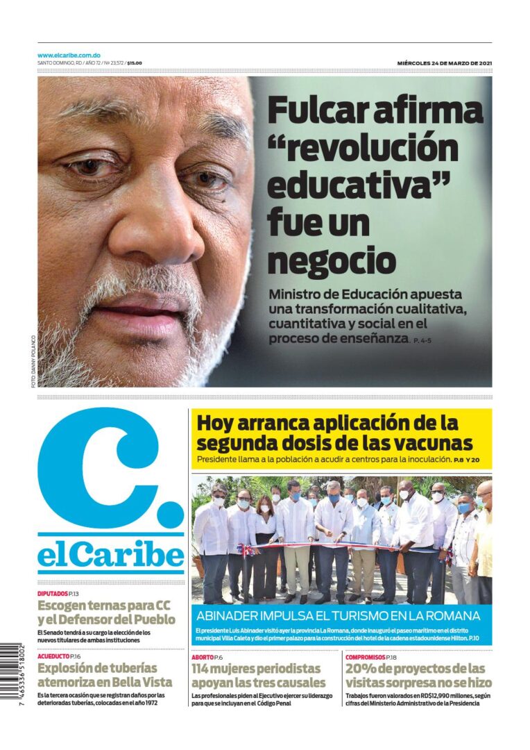 Portada Periódico El Caribe, Miércoles 24 de Marzo, 2021