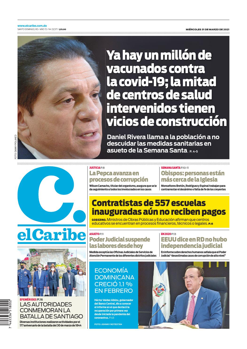 Portada Periódico El Caribe, Miércoles 31 de Marzo, 2021