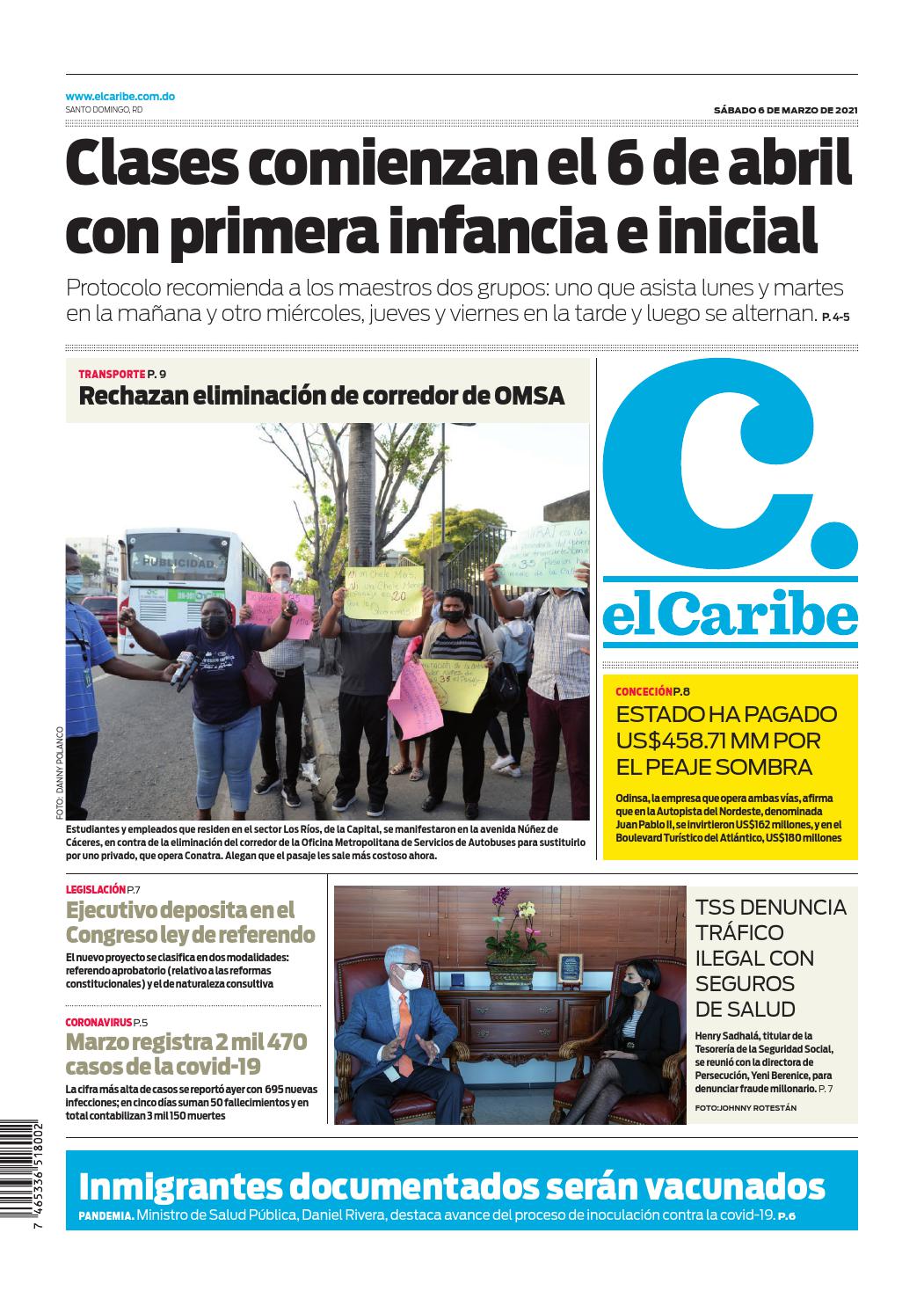 Portada Periódico El Caribe, Sábado 06 de Marzo, 2021