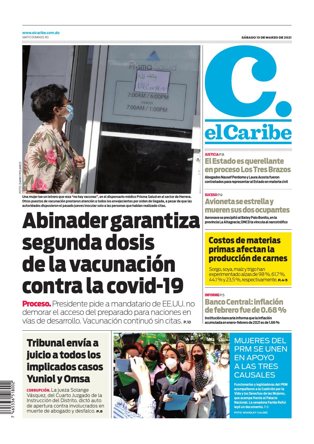 Portada Periódico El Caribe, Sábado 13 de Marzo, 2021