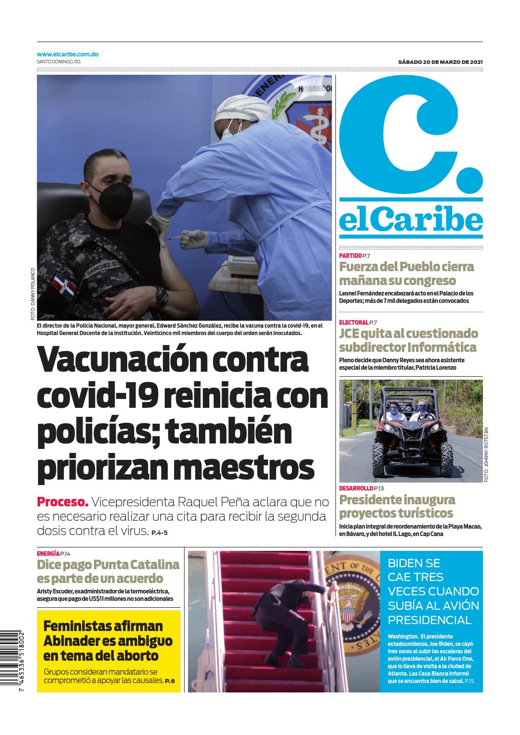 Portada Periódico El Caribe, Sábado 20 de Marzo, 2021