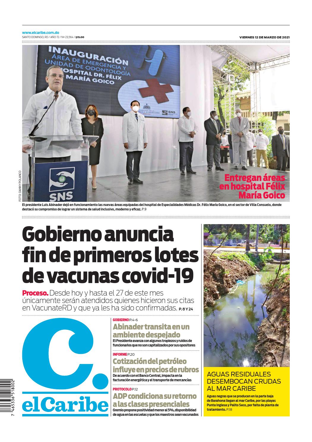 Portada Periódico El Caribe, Viernes 12 de Marzo, 2021