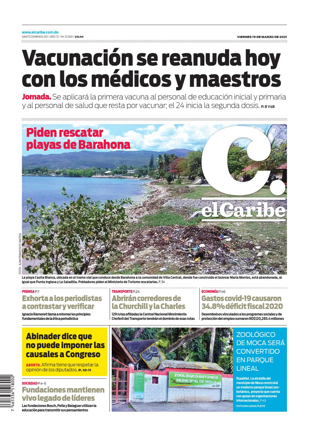 Portada Periódico El Caribe, Viernes 19 de Marzo, 2021