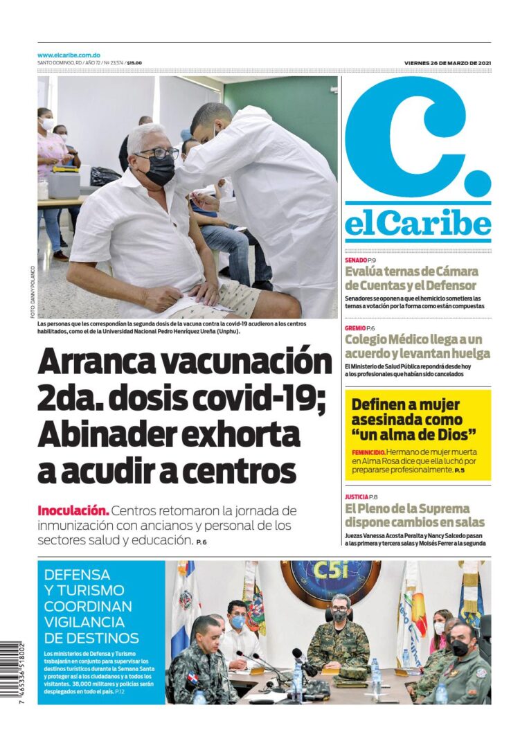 Portada Periódico El Caribe, Viernes 26 de Marzo, 2021