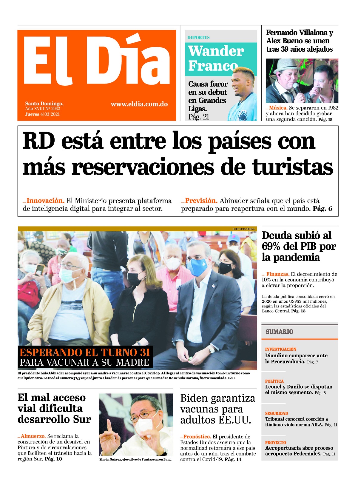 Portada Periódico El Día, Jueves 04 de Marzo, 2021