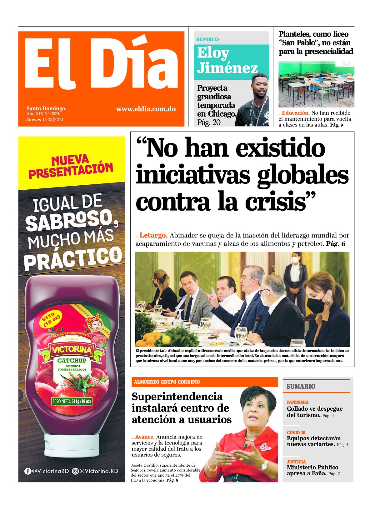 Portada Periódico El Día, Jueves 11 de Marzo, 2021