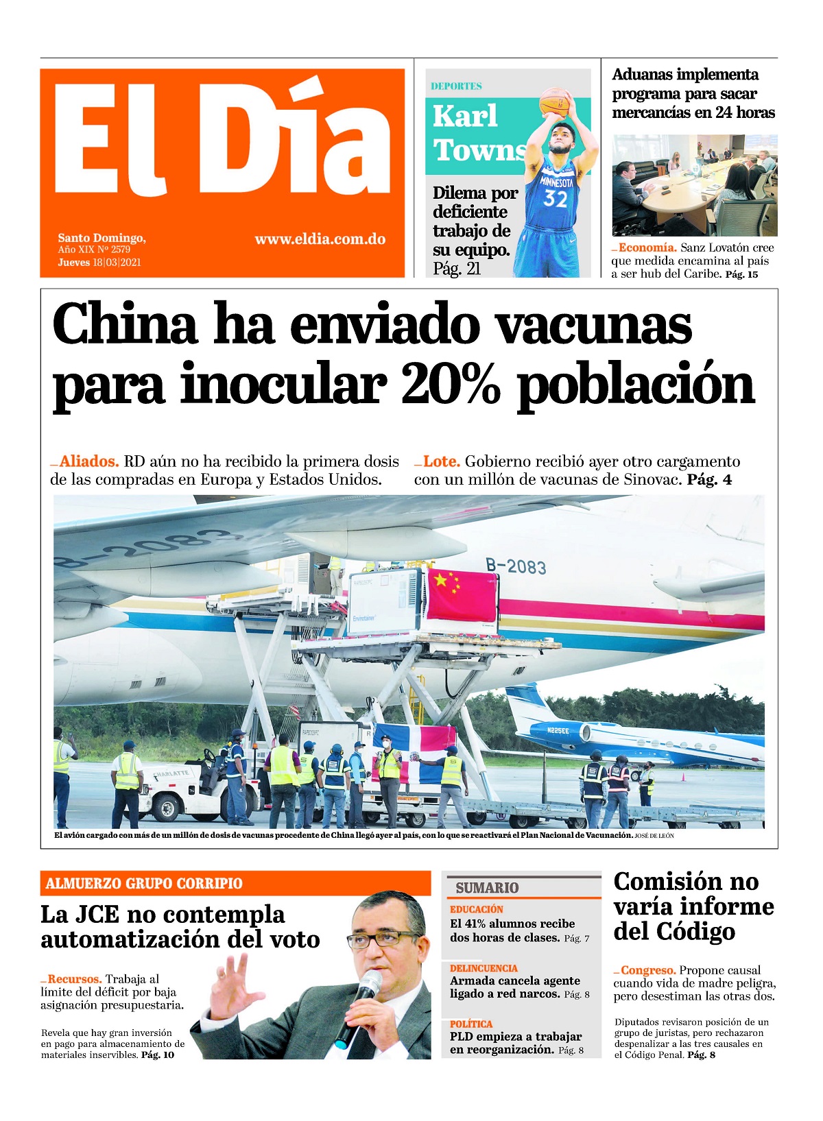 Portada Periódico El Día, Jueves 18 de Marzo, 2021