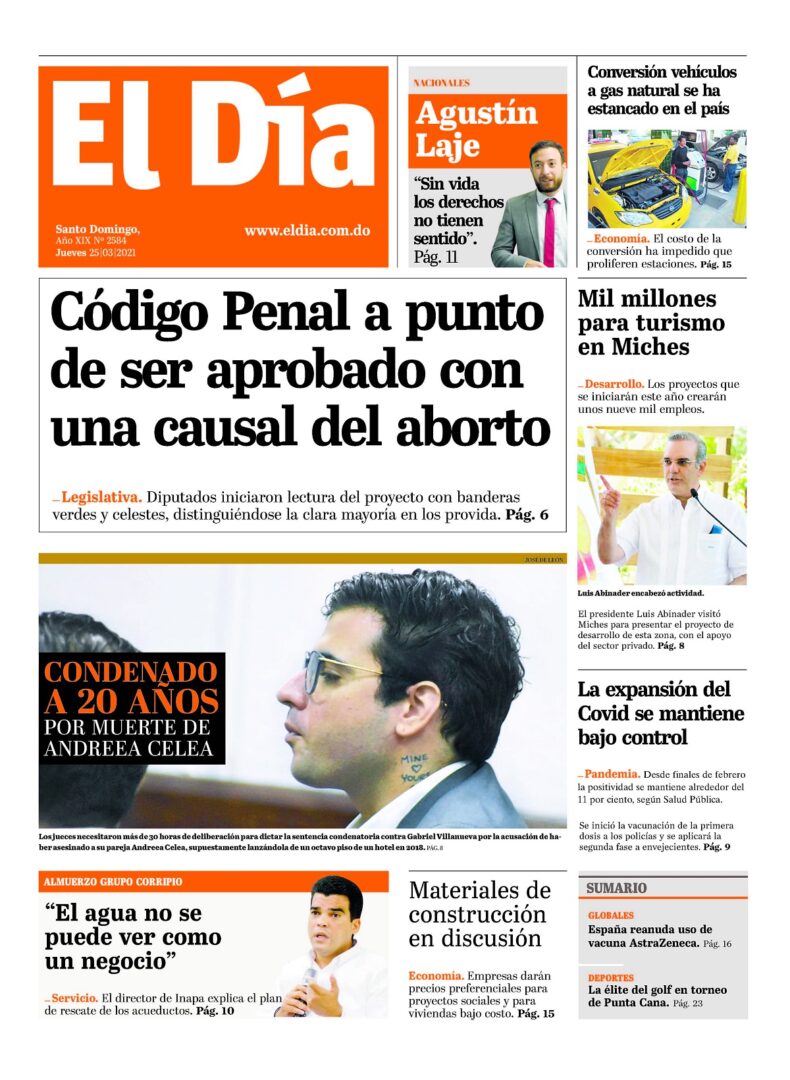 Portada Periódico El Día, Jueves 25 de Marzo, 2021