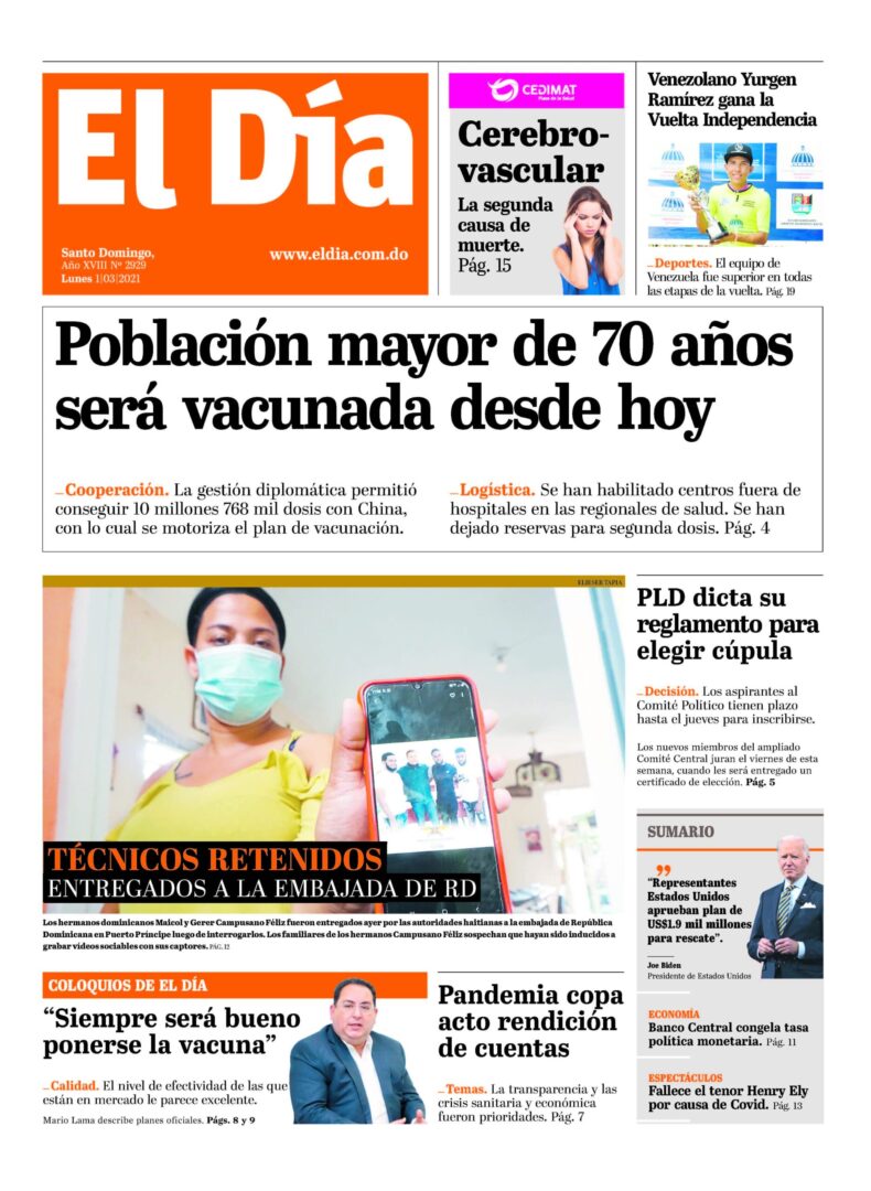 Portada Periódico El Día, Lunes 01 de Marzo, 2021
