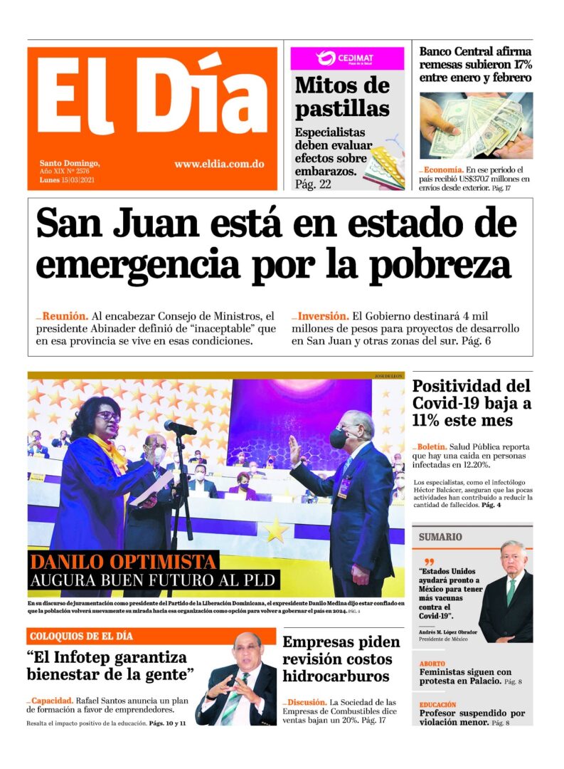 Portada Periódico El Día, Lunes 15 de Marzo, 2021