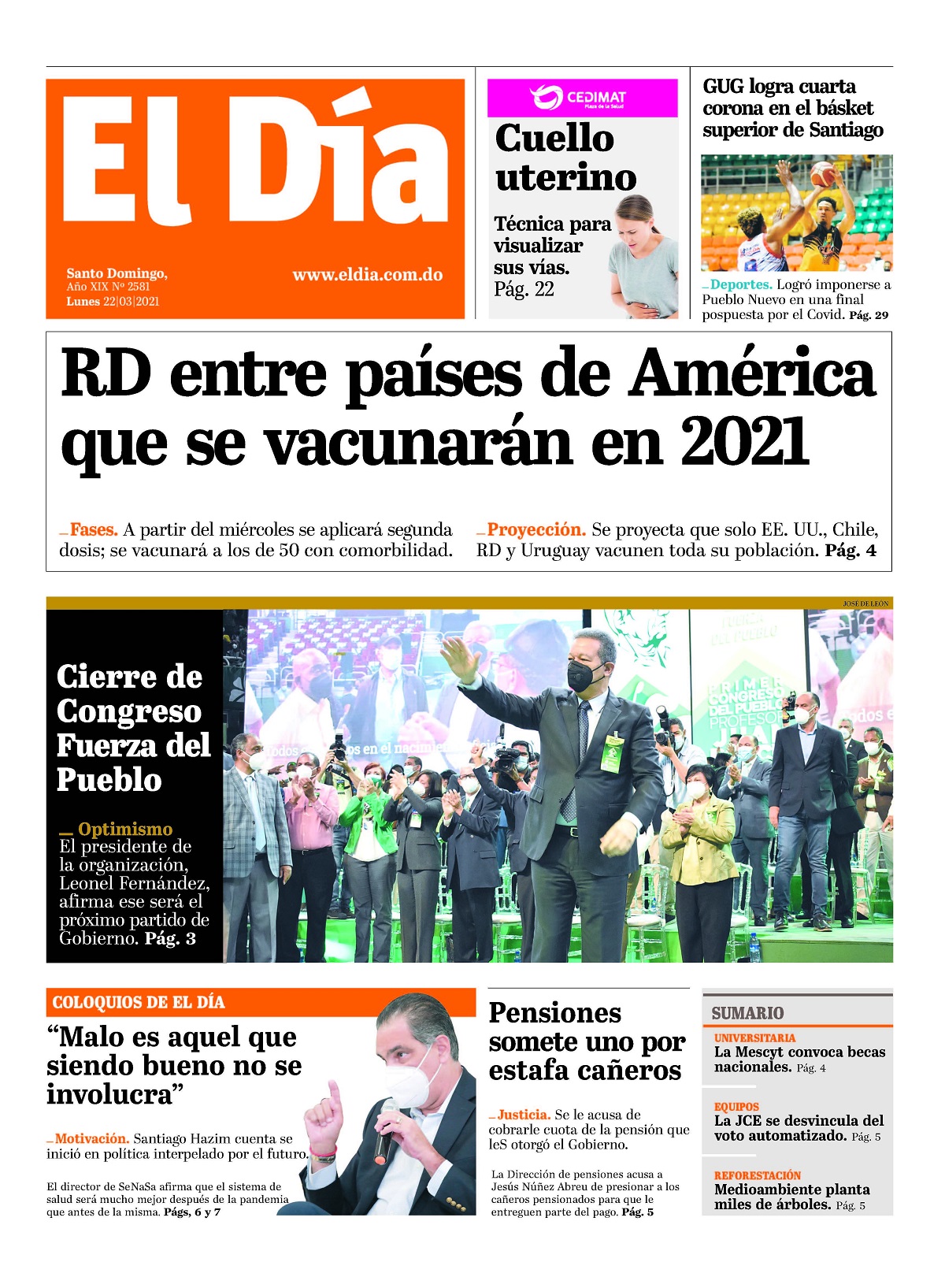 Portada Periódico El Día, Lunes 22 de Marzo, 2021