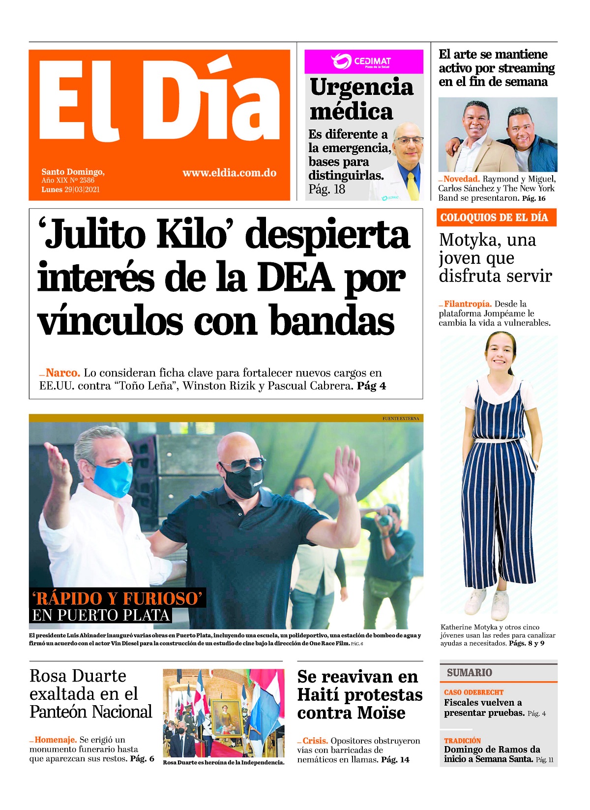 Portada Periódico El Día, Lunes 29 de Marzo, 2021