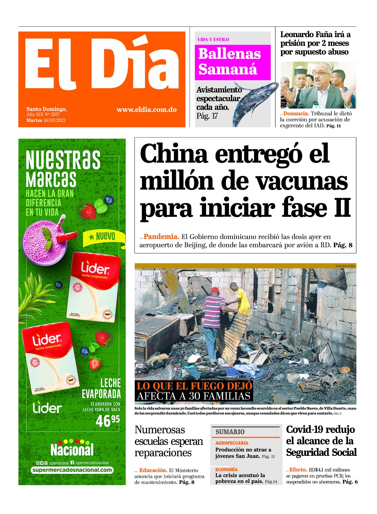 Portada Periódico El Día, Martes 16 de Marzo, 2021