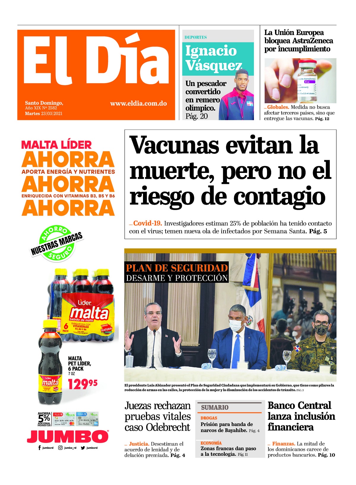 Portada Periódico El Día, Martes 23 de Marzo, 2021