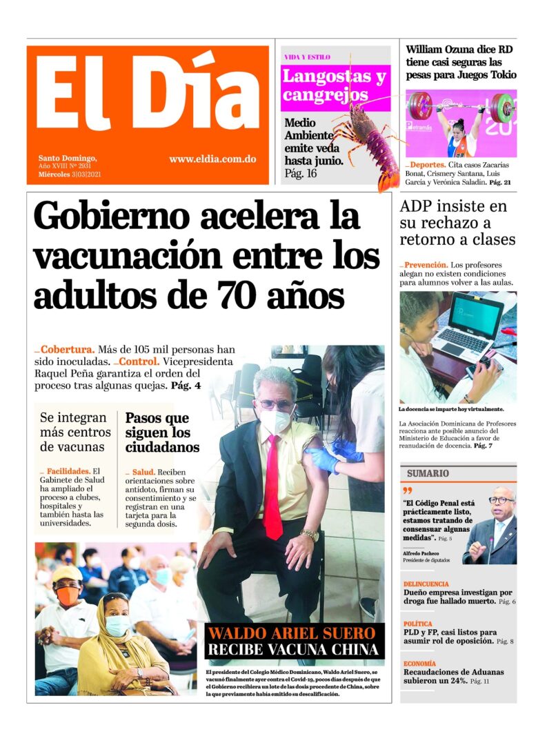 Portada Periódico El Día, Miércoles 03 de Marzo, 2021