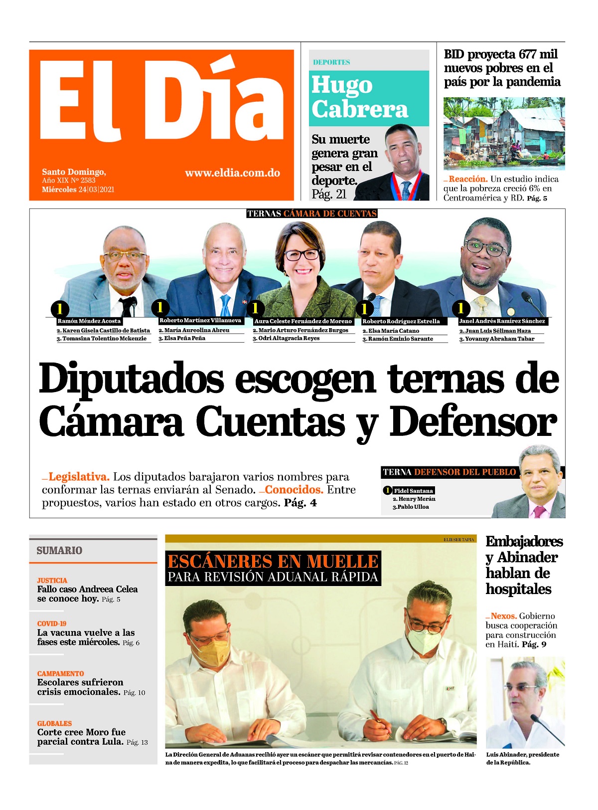 Portada Periódico El Día, Miércoles 24 de Marzo, 2021