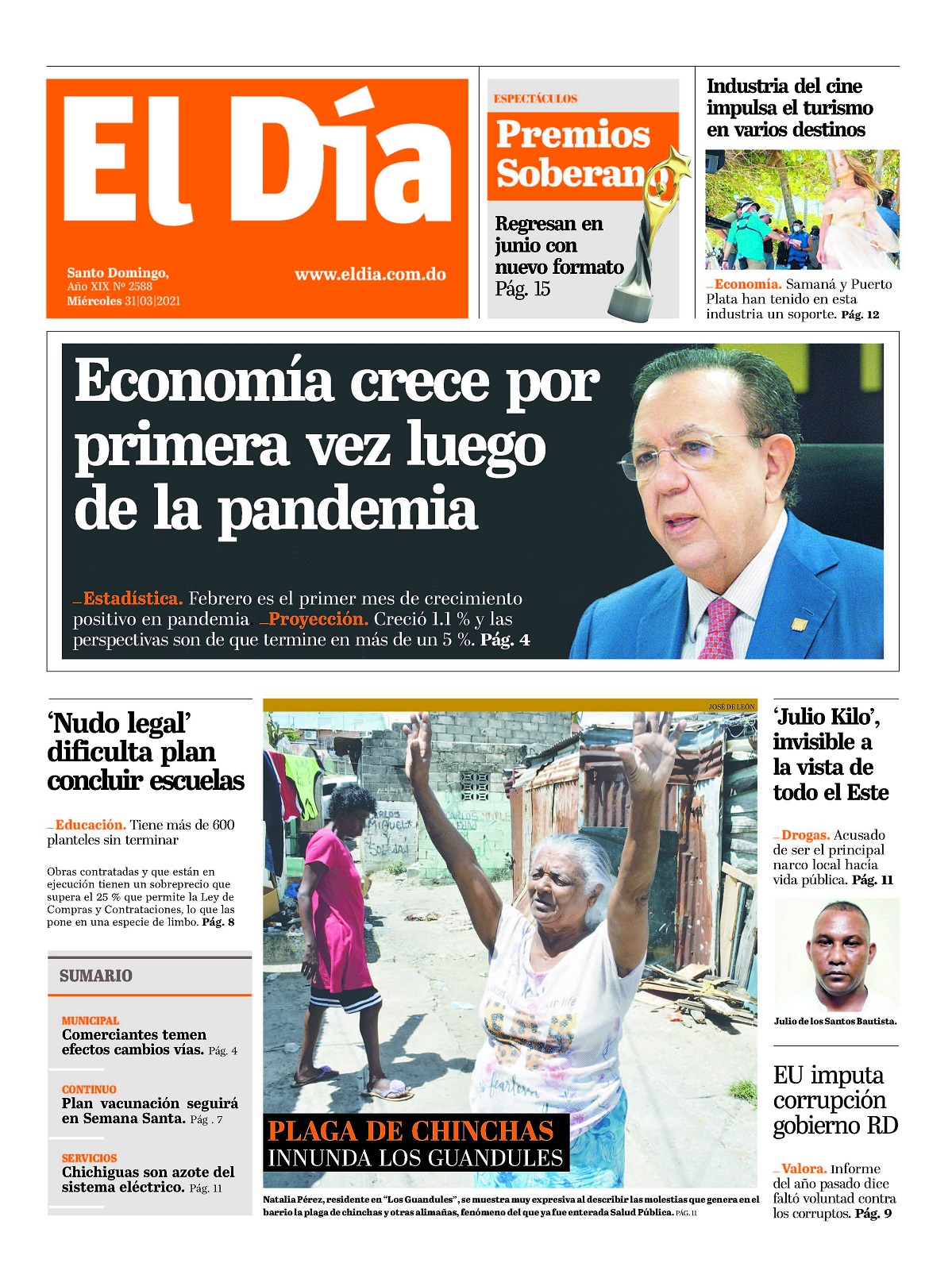 Portada Periódico El Día, Miércoles 31 de Marzo, 2021