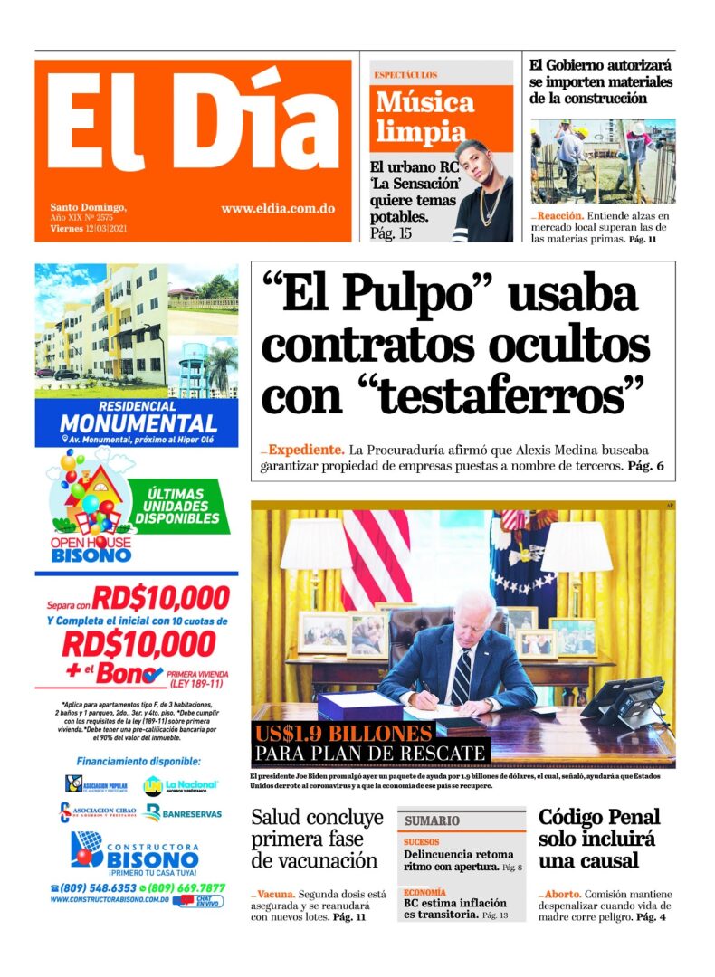 Portada Periódico El Día, Viernes 12 de Marzo, 2021