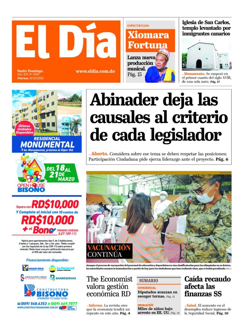 Portada Periódico El Día, Viernes 19 de Marzo, 2021