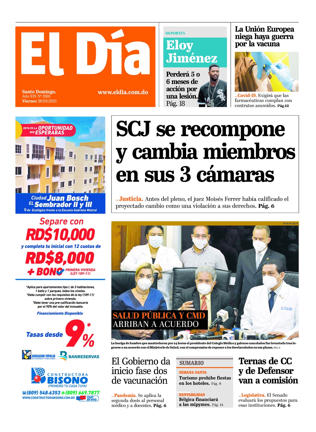 Portada Periódico El Día, Viernes 26 de Marzo, 2021