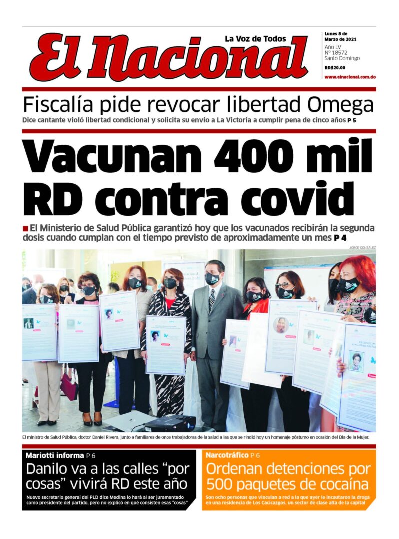 Portada Periódico El Nacional, Lunes 08 de Marzo, 2021