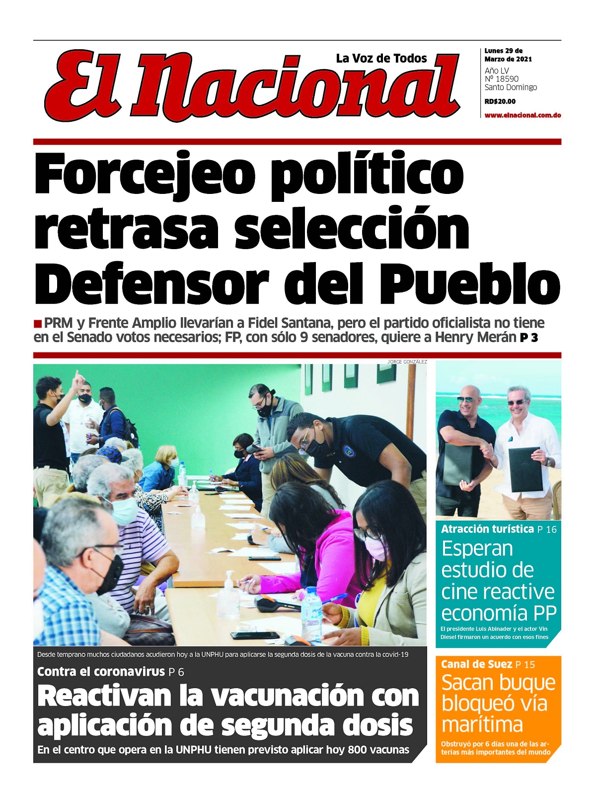 Portada Periódico El Nacional, Lunes 29 de Marzo, 2021