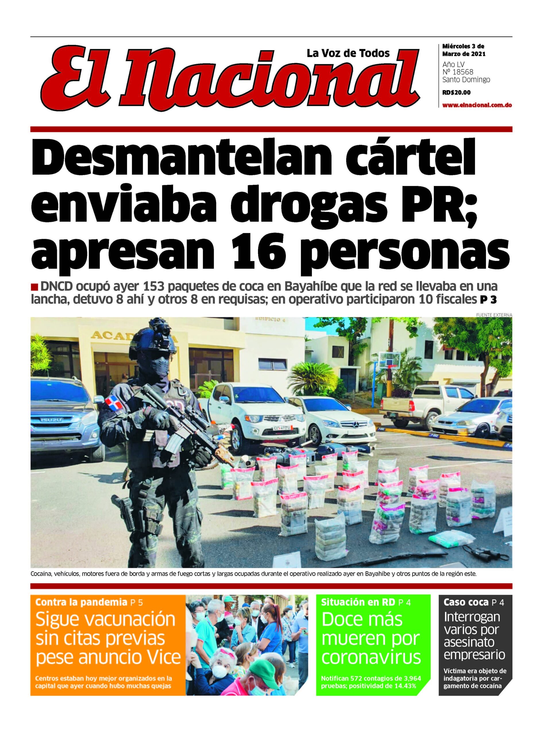 Portada Periódico El Nacional, Miércoles 03 de Marzo, 2021
