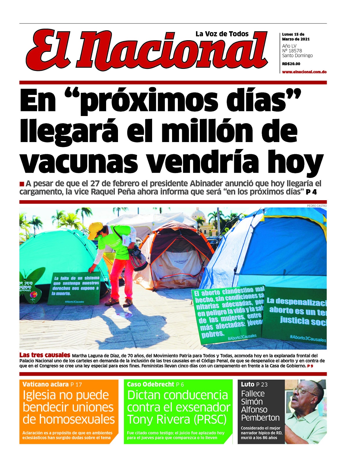 Portada Periódico El Nacional, Sábado 13 de Marzo, 2021