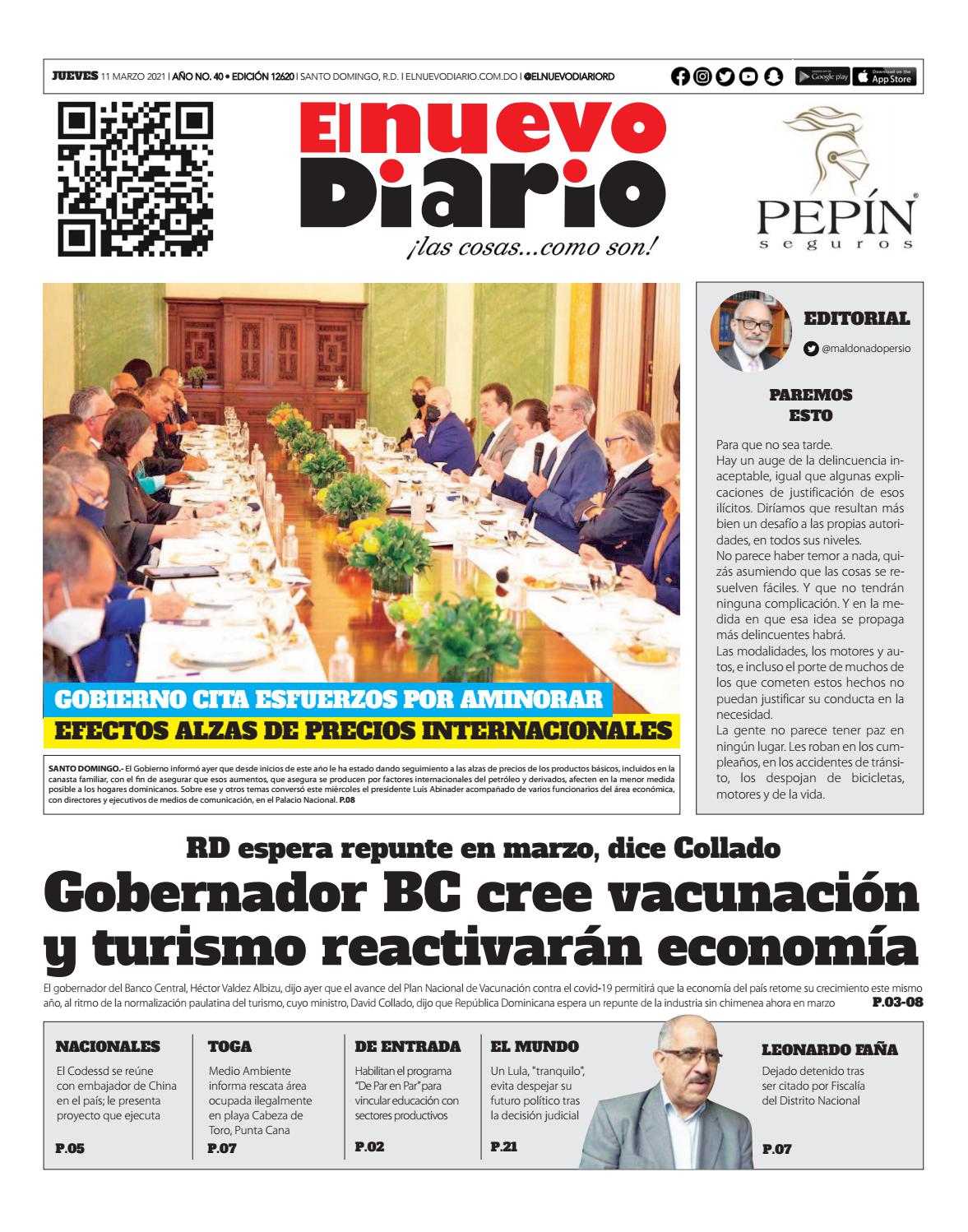 Portada Periódico El Nuevo Diario, Jueves 11 de Marzo, 2021